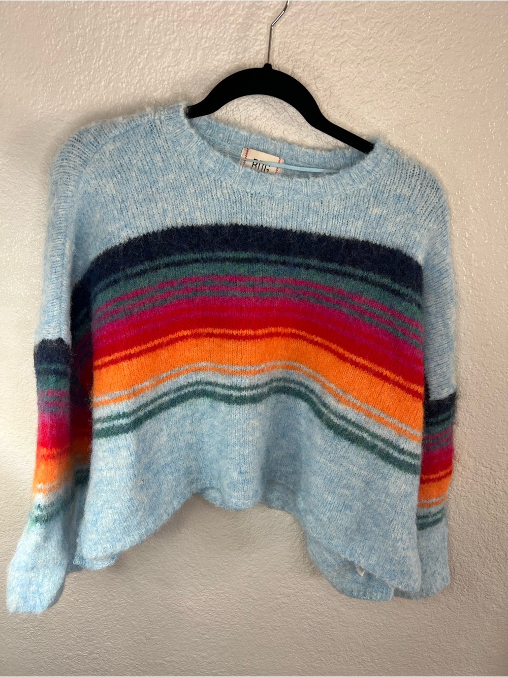 BDG Powder Blue Fuzzy Crewneck Sweater with Bright Stripe Bands